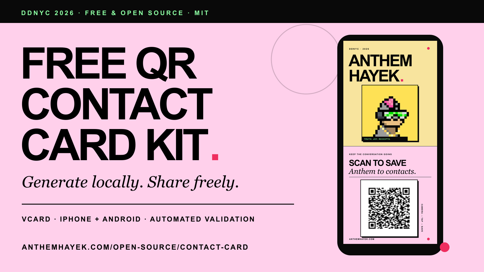 The free DDNYC QR contact card kit shown beside a phone-sized contact card